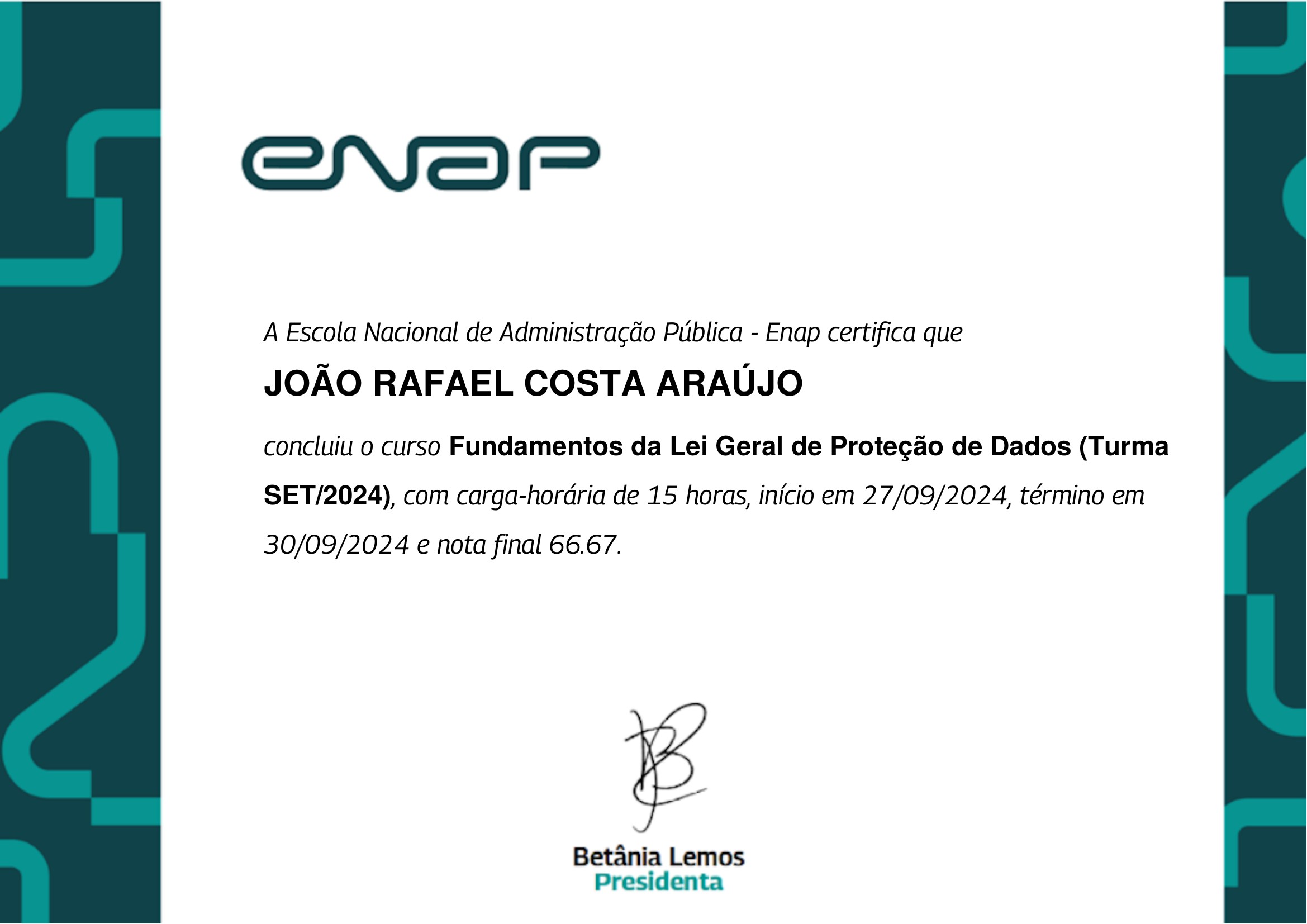 Certificado de conclusão do curso Fundamentos da LGPD, emitido pela Enap